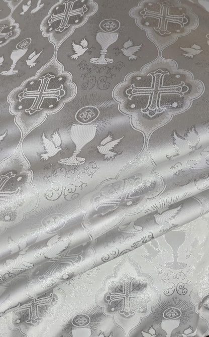 Liturgical Brocade,Church Gorgeous Cross acetate brocade Fabric Cross Brocade white/silver 52" Wide