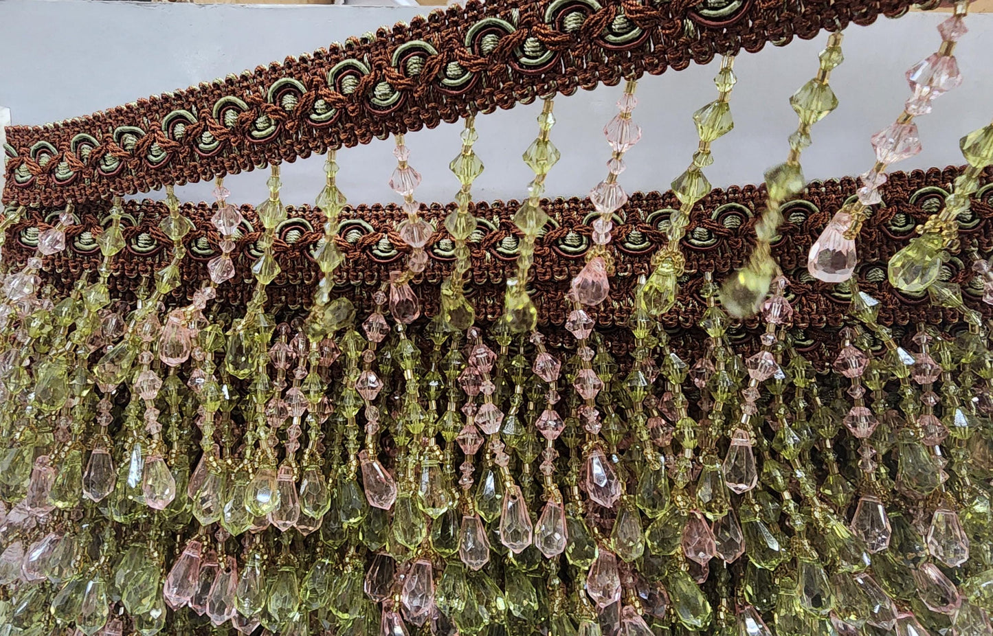 Braided Hanging Beads, Color brown/green/pink  Tassel Trim Fringe Fabric Ribbon Trimming Handwork Craft Sewing Accessory sold by yard