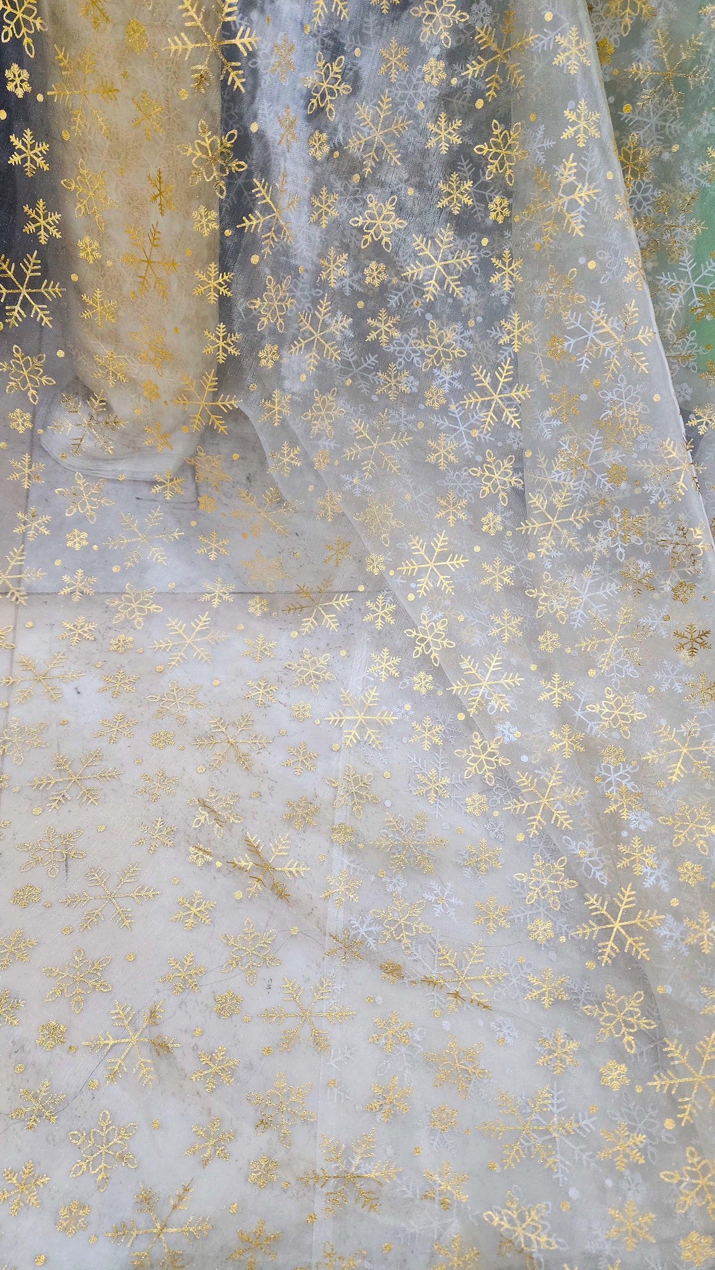 snowflakes Star Bursts Sheer Organza Gold 58" Inch Wide Fabric by The Yard
