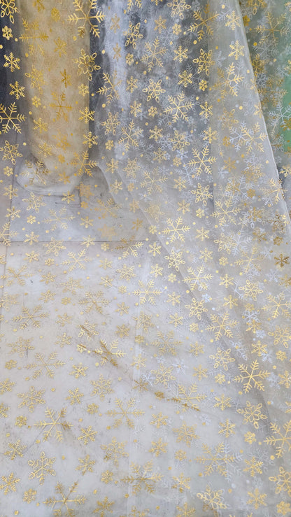 snowflakes Star Bursts Sheer Organza Gold 58" Inch Wide Fabric by The Yard