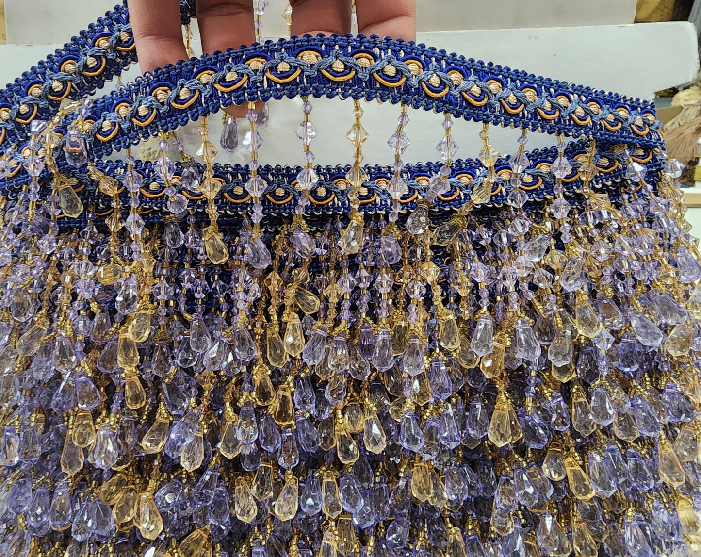 Braided Hanging Beads, Color blue/gold /lilac Tassel Trim Fringe Fabric Ribbon Trimming Handwork sold by yard