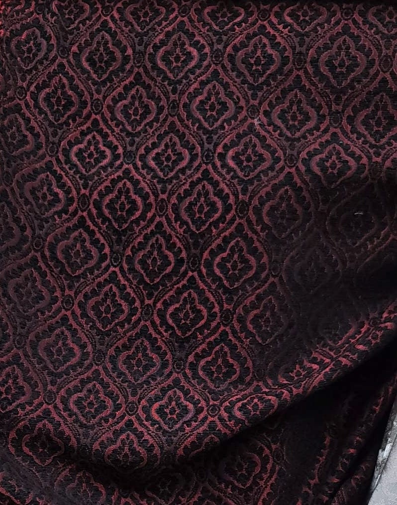 Damask Burnout Chenille  Fabric - Black/. Red,- Upholstery 54" wide, sold by yard