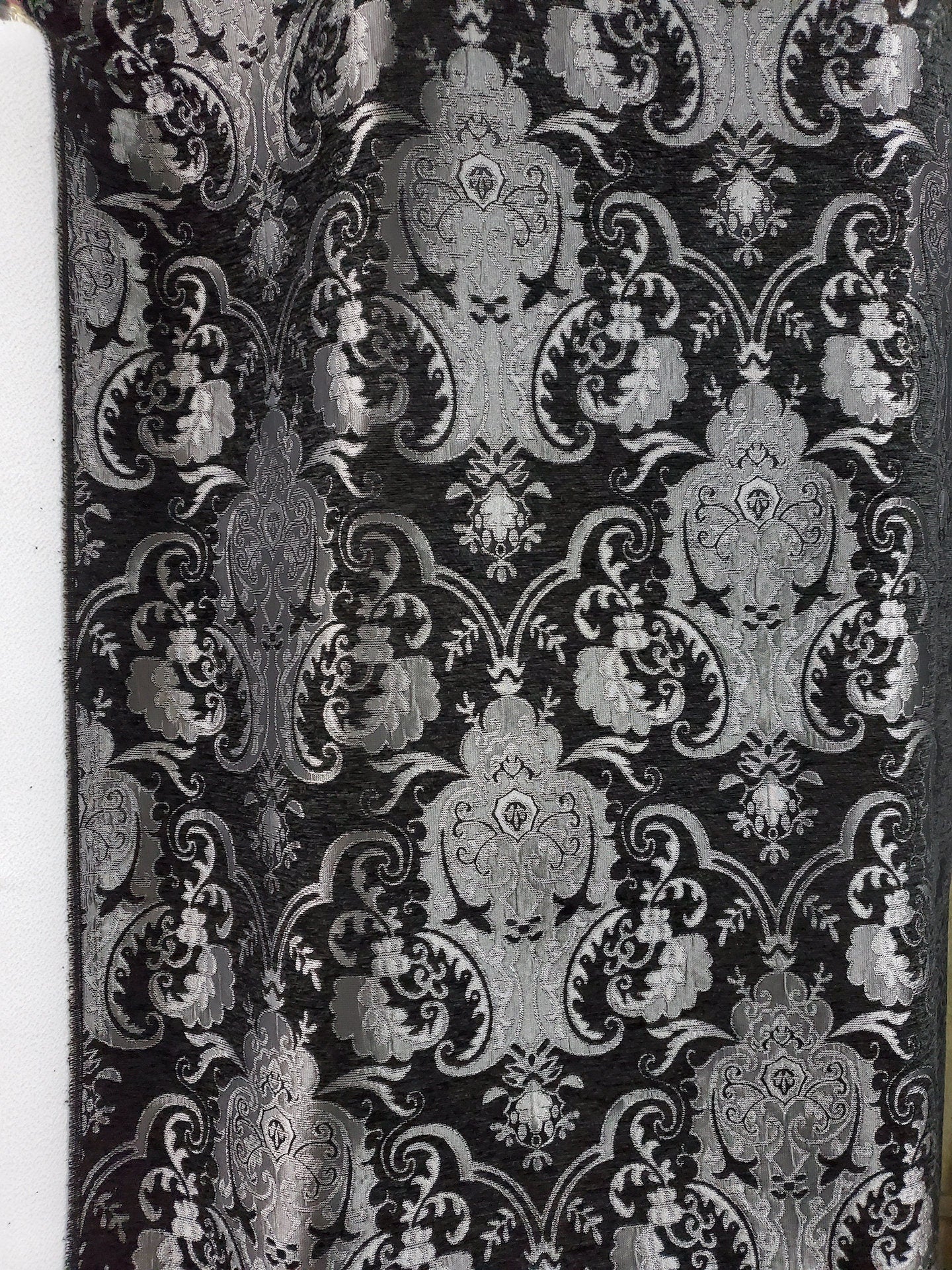Chenille BAROQUE UPHOLSTERY Fabric Jacquard Damask, 58" wide ,color Silver/Black, sold by yard in continuous yards