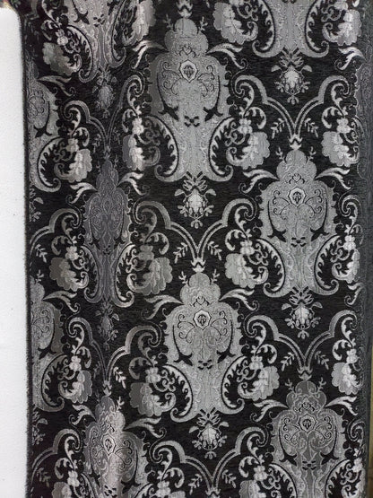 Chenille BAROQUE UPHOLSTERY Fabric Jacquard Damask, 58" wide ,color Silver/Black, sold by yard in continuous yards