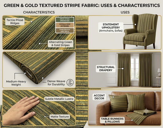 Chenille Tapestry , Upholstery Vintage, Fabric, Striped Pattern, green /gold 54" Wide Sold by Yard