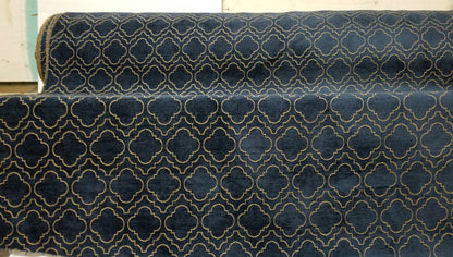 Chenille Diamond UPHOLSTERY Fabric Jacquard Damask, Color Blue/Gold,  58" wide , sold by yard in continuous yards