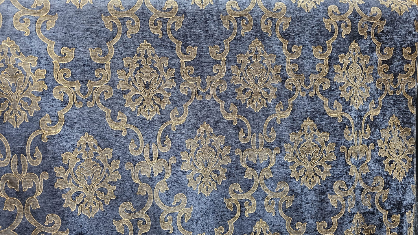 Chenille BAROQUE UPHOLSTERY Fabric Jacquard Damask, 58" wide ,color Blue sold by yard in continuous yards