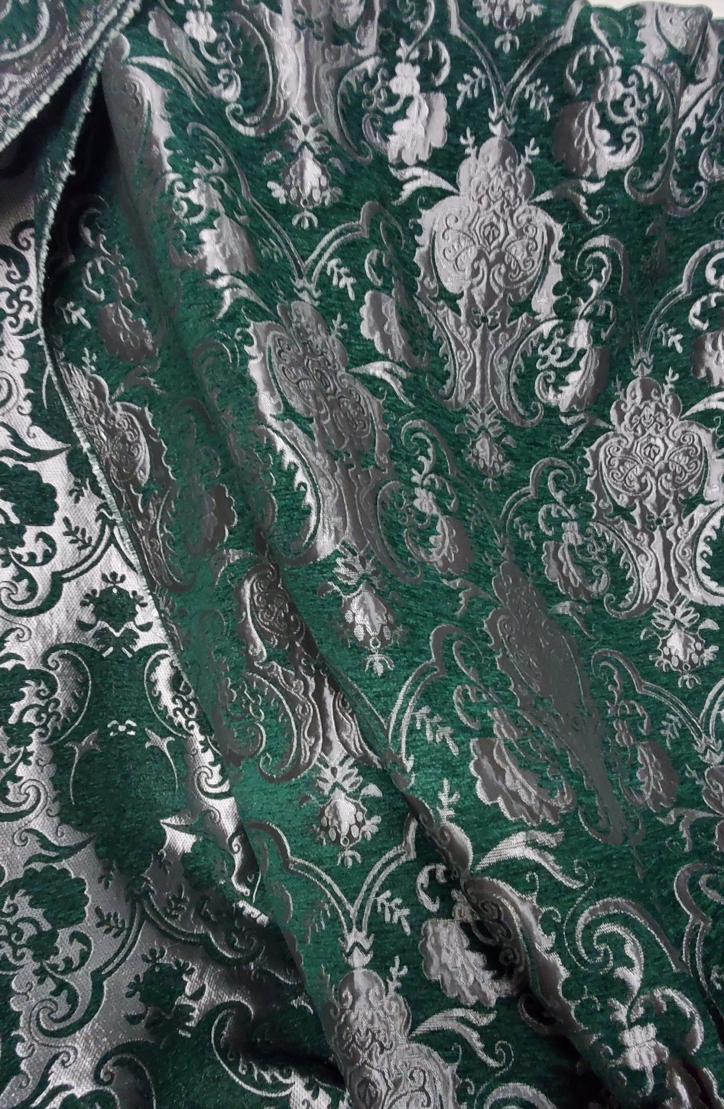 Chenille BAROQUE UPHOLSTERY Fabric Jacquard Damask, 58" wide ,color Green/silver, sold by yard in continuous yards