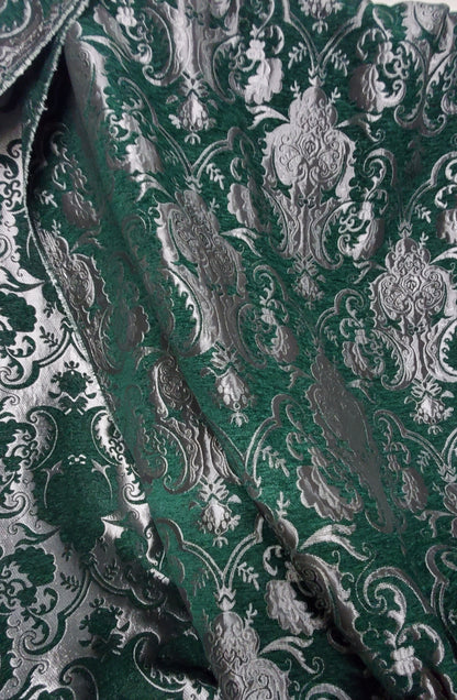 Chenille BAROQUE UPHOLSTERY Fabric Jacquard Damask, 58" wide ,color Green/silver, sold by yard in continuous yards