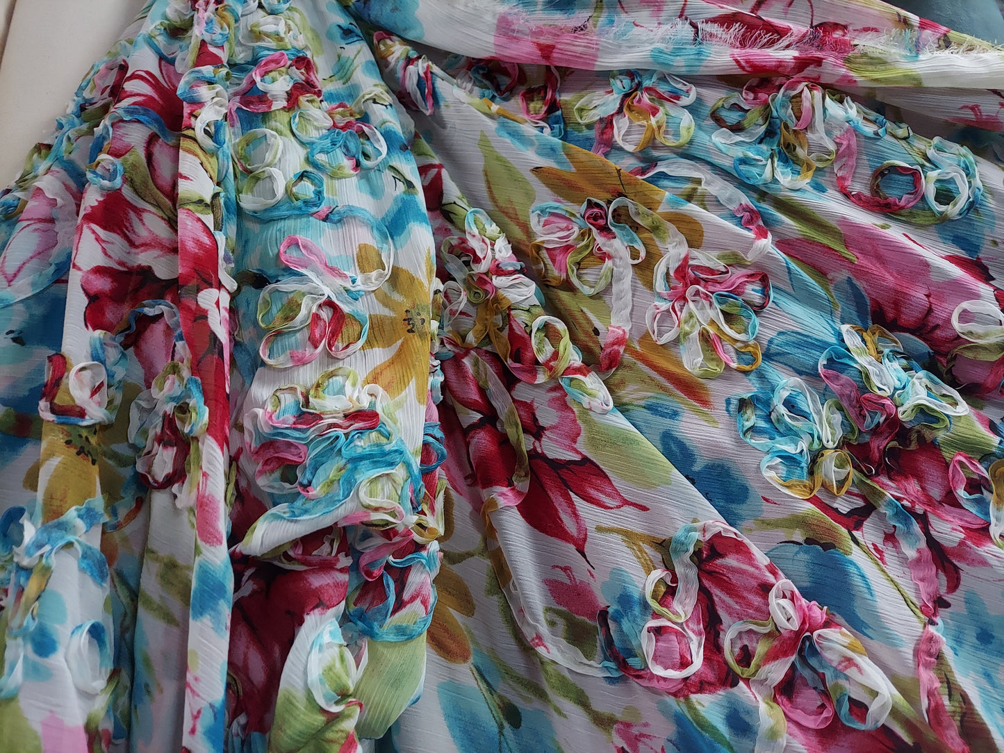 ad Poly Fabric Crinkle Chiffon Yuryo Beautiful Floral embroider Abstract  Ruffle multicolor. 58" wide sold by yard