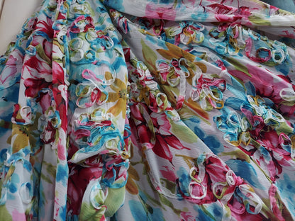 ad Poly Fabric Crinkle Chiffon Yuryo Beautiful Floral embroider Abstract  Ruffle multicolor. 58" wide sold by yard