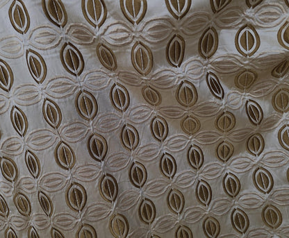 KRAVET, 100% Silk Taffeta Fabric Beige/Brown Embroidery, 54" wide, sold by yard