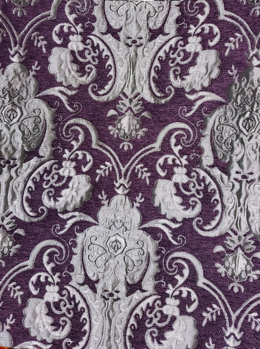 Chenille BAROQUE UPHOLSTERY Fabric Jacquard Damask, 58" wide ,color Purple/silver, sold by yard in continuous yards