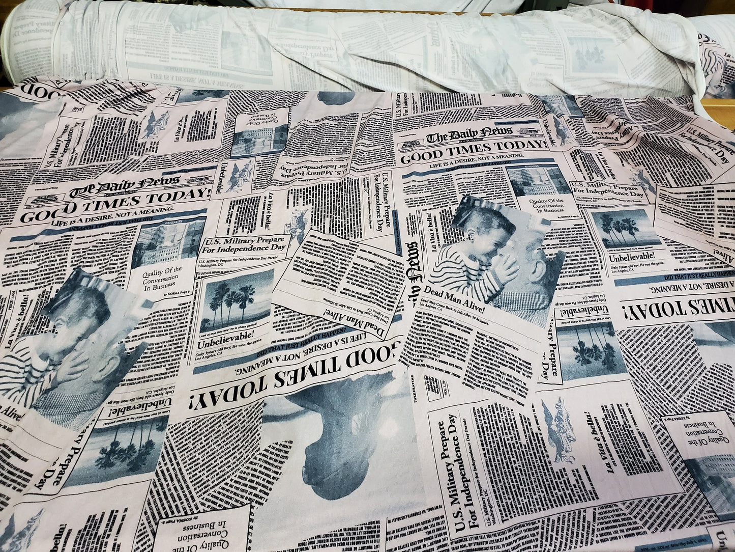 Blue and White Newspaper Fashion Print Cotton Spandex 58" Wide