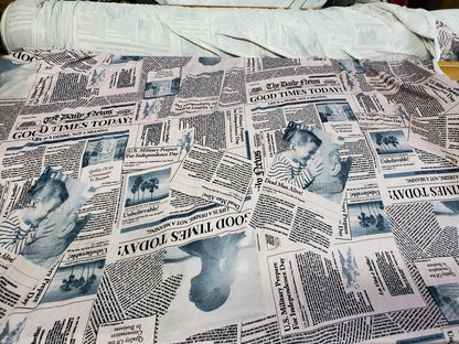 Blue and White Newspaper Fashion Print Cotton Spandex 58" Wide