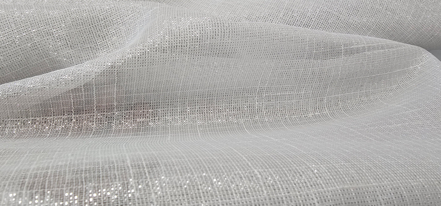 White and Metallic Silver Drapery Sheer, 110" wide, sold by yard