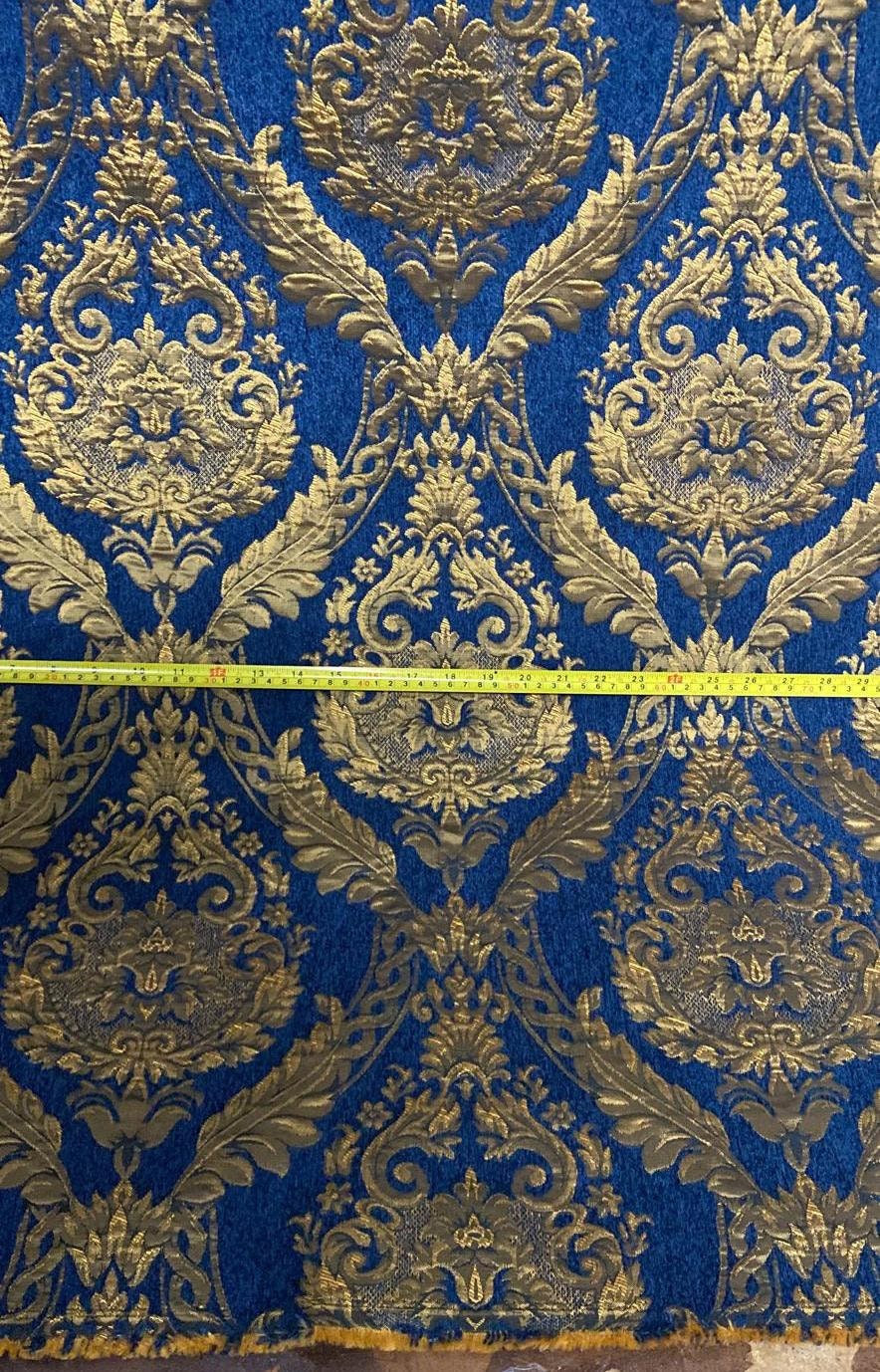 Damask chenille fabric - upholstery fabric, Blue/gold - 54" width - sold by yard