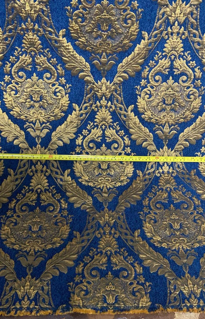 Damask chenille fabric - upholstery fabric, Blue/gold - 54" width - sold by yard