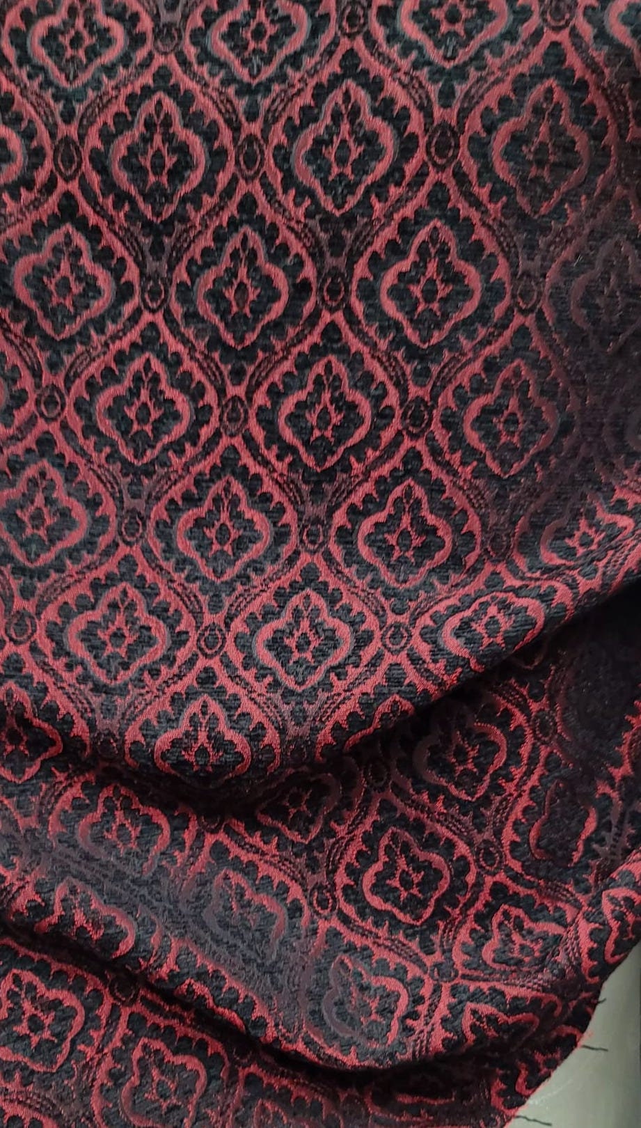 Damask Burnout Chenille  Fabric - Black/. Red,- Upholstery 54" wide, sold by yard