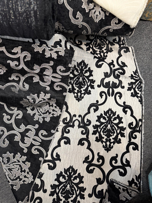 Chenille BAROQUE UPHOLSTERY Fabric Jacquard Damask, 58" wide ,color Black/silver sold by yard in continuous yards