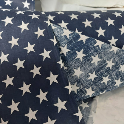 Ad Fabric, Poly Cotton American Star Navy Blue Print by The Yard, 58” Wide