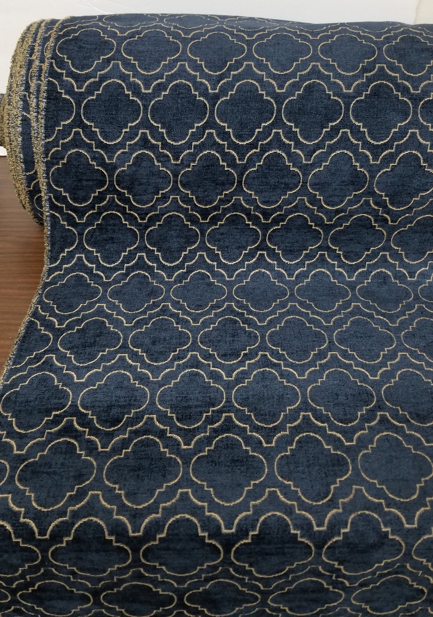 Chenille Diamond UPHOLSTERY Fabric Jacquard Damask, Color Blue/Gold,  58" wide , sold by yard in continuous yards