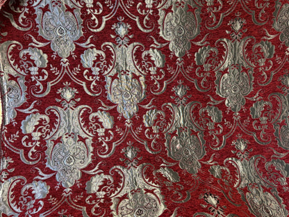 Chenille BAROQUE UPHOLSTERY Fabric Jacquard Damask, 58" wide ,color Red/Silver Reversible, sold by yard in continuous yards