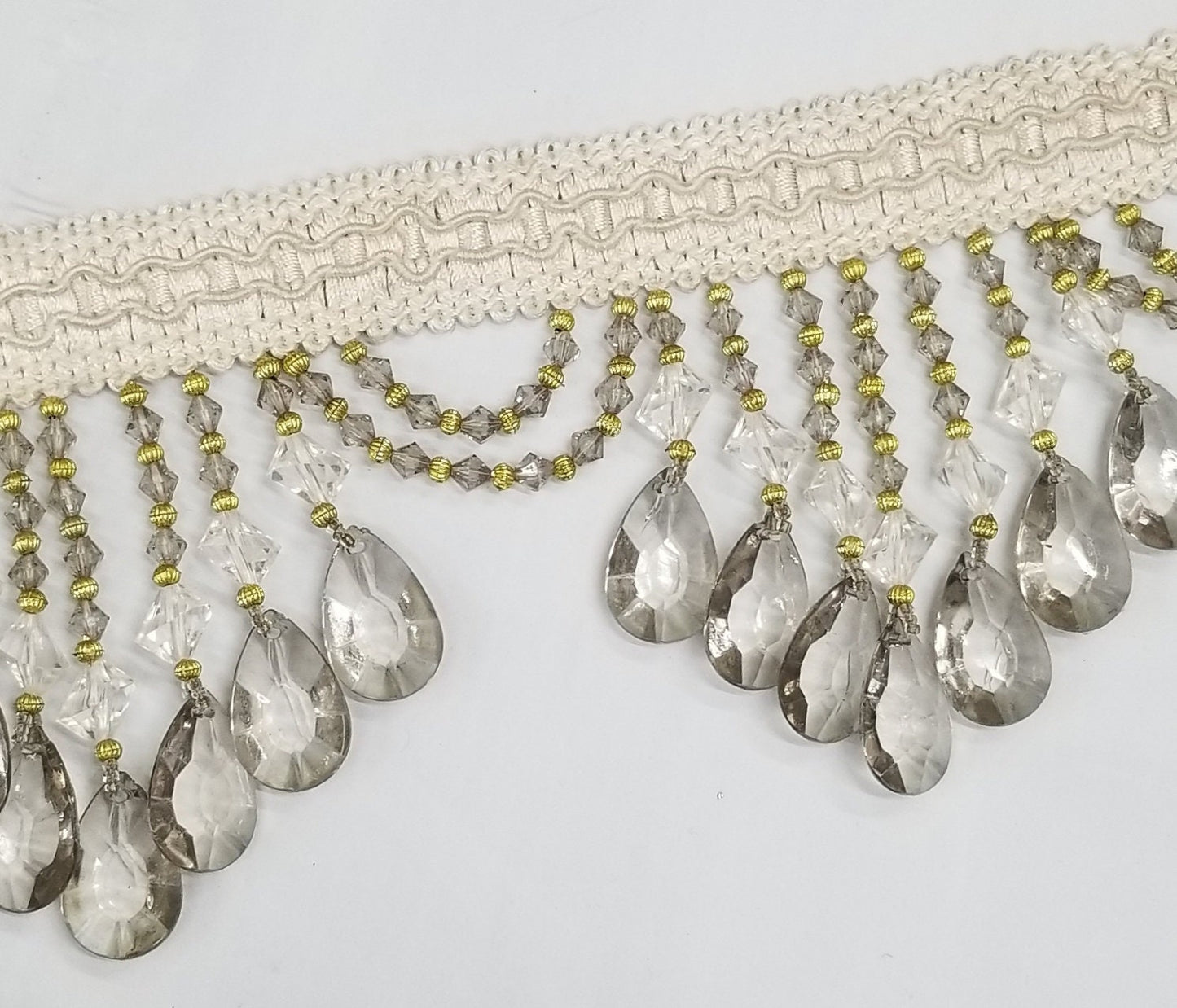 Beaded Trim Fringe 4'' L, W/Gimp Top Sold by The Yard - smoke Silver/ivory color,  Brand: ad fabric