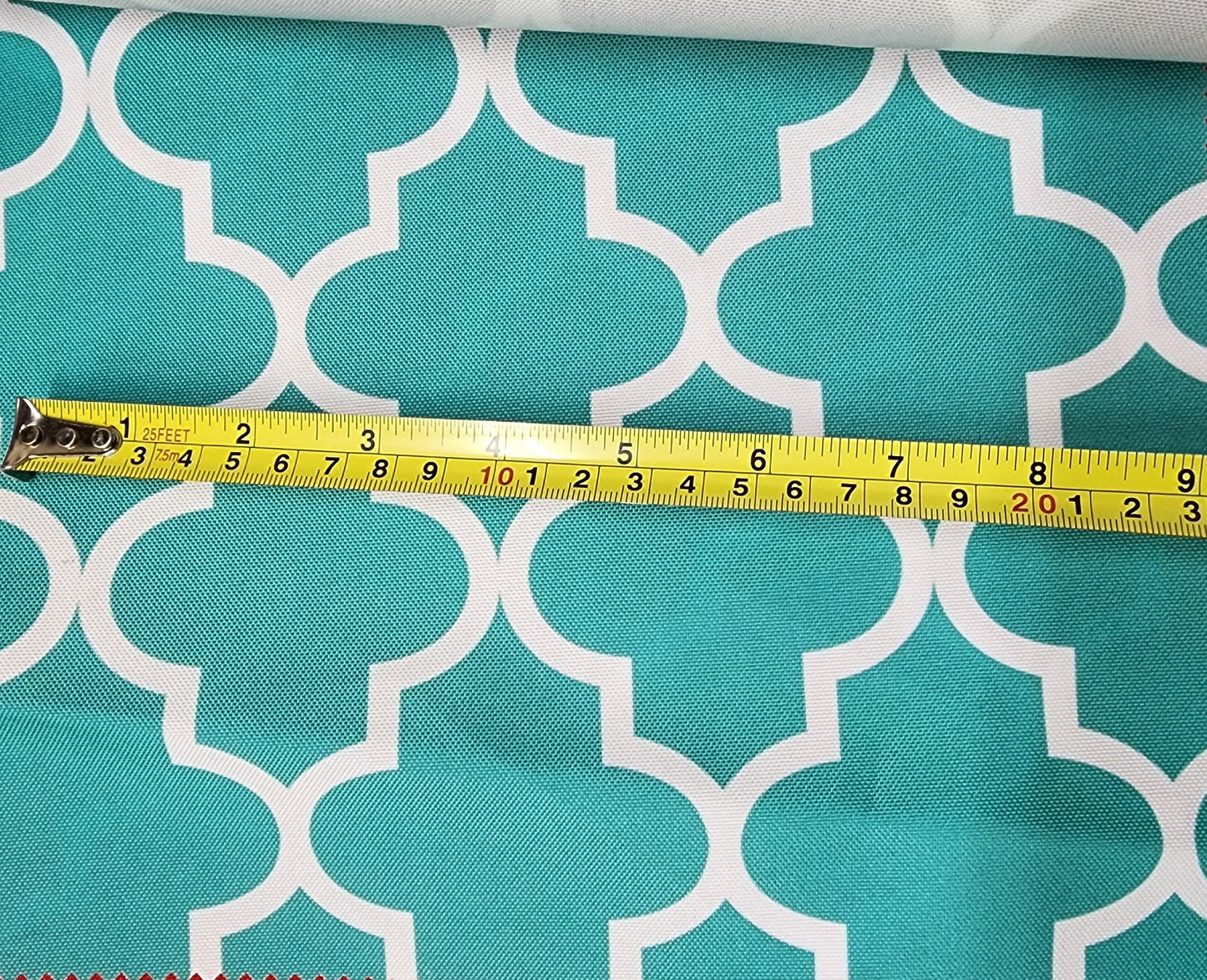 Outdoor Waterproof Upholstery Moroccan White on Aqua Canvas fabric 60" Wide