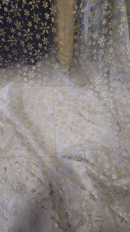snowflakes Star Bursts Sheer Organza Gold 58" Inch Wide Fabric by The Yard