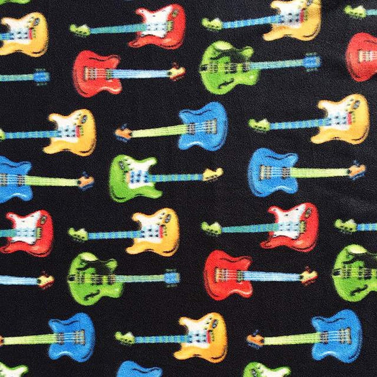 Fleece Fabric Multicolored Guitar with Black Background, Polar print Fleece Polar By The Yard 60" Wide