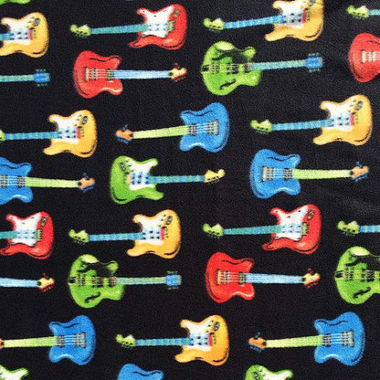 Fleece Fabric Multicolored Guitar with Black Background, Polar print Fleece Polar By The Yard 60" Wide