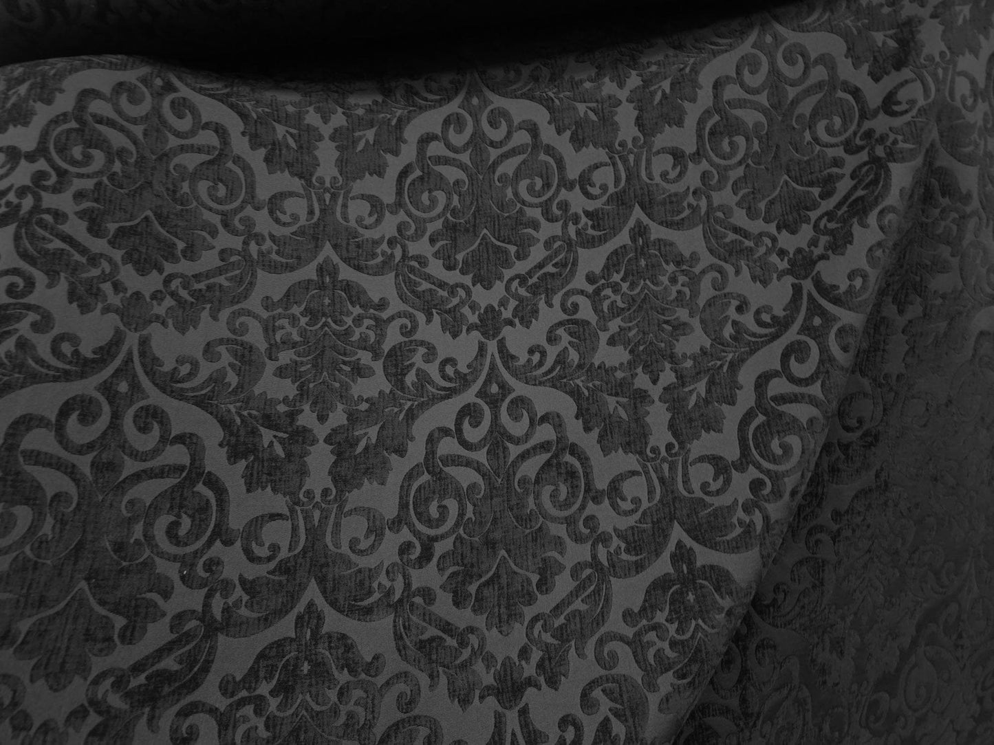 Chenille Fabric Upholstery,  Damask Burnout Chenille Velvet ,Jacquard Damask, 54" wide, color Black/Black , sold by yard in continuous yards