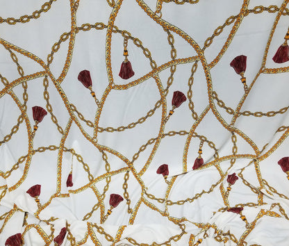 2 Way Stretch Scuba Techno, Color white/gold Chains, Belts and Ornaments burgundy, 58" wide, sold by yard in continuous yards