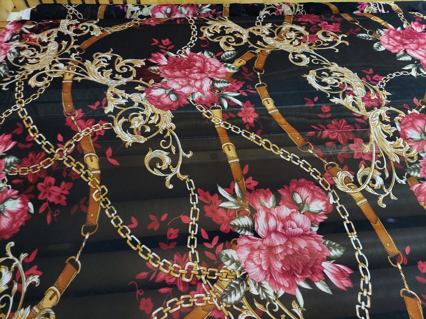 ad Power Mesh floral belts & chains design print on 4-way stretch mesh 58” Sold by the yard