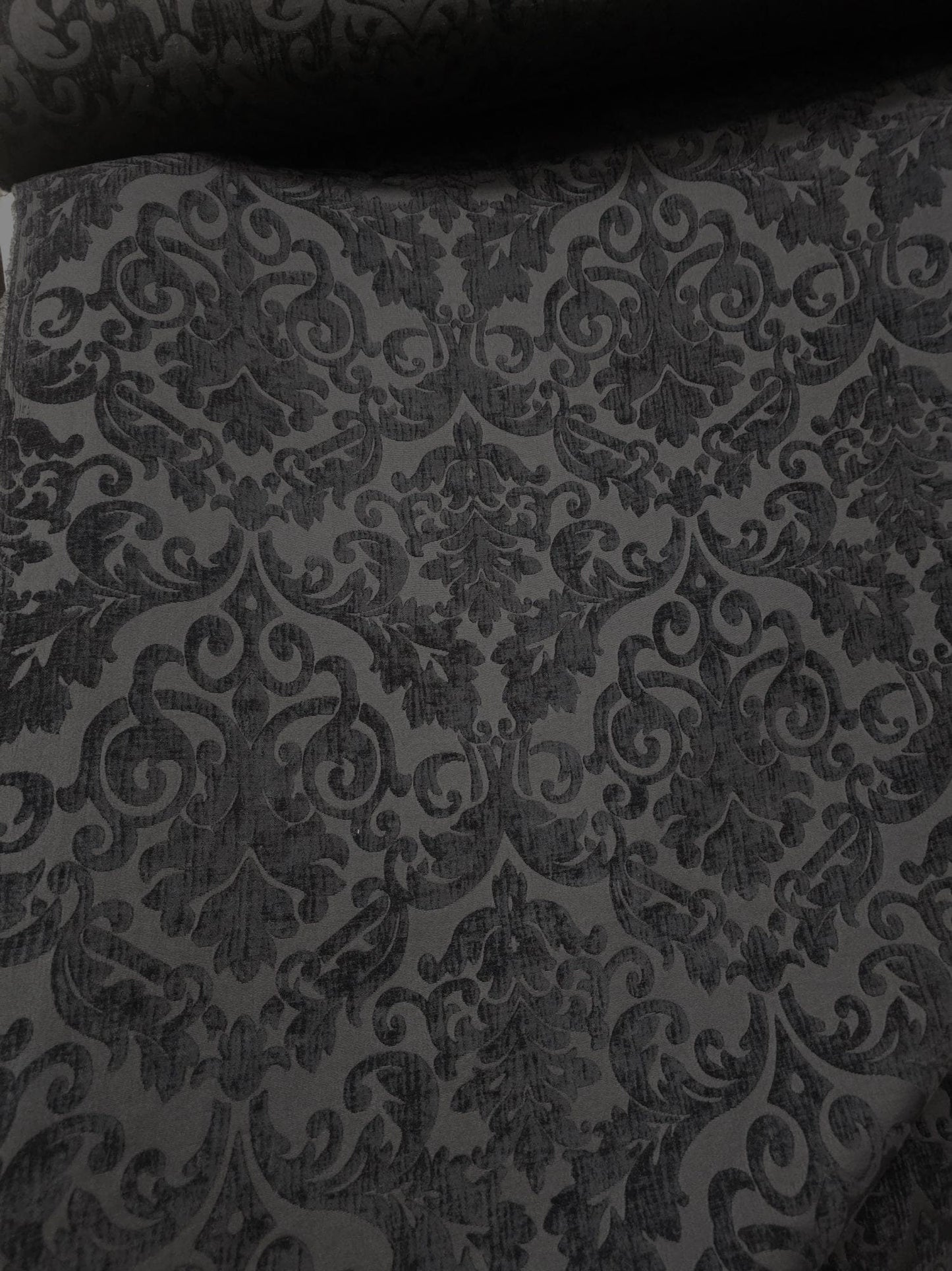 Chenille Fabric Upholstery,  Damask Burnout Chenille Velvet ,Jacquard Damask, 54" wide, color Black/Black , sold by yard in continuous yards