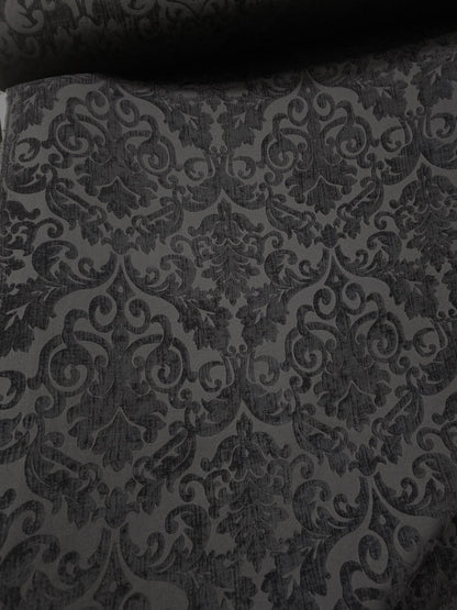 Chenille Fabric Upholstery,  Damask Burnout Chenille Velvet ,Jacquard Damask, 54" wide, color Black/Black , sold by yard in continuous yards