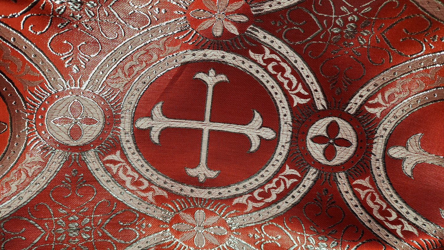 Liturgical Brocade,Church Gorgeous Cross acetatebrocade Fabric Cross Brocade Red/Silver  52" Wide