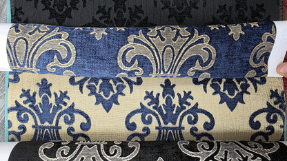 Chenille BAROQUE UPHOLSTERY Fabric Jacquard Damask, reversible, 54" wide ,color Blue/champagne, sold by yard in continuous yards