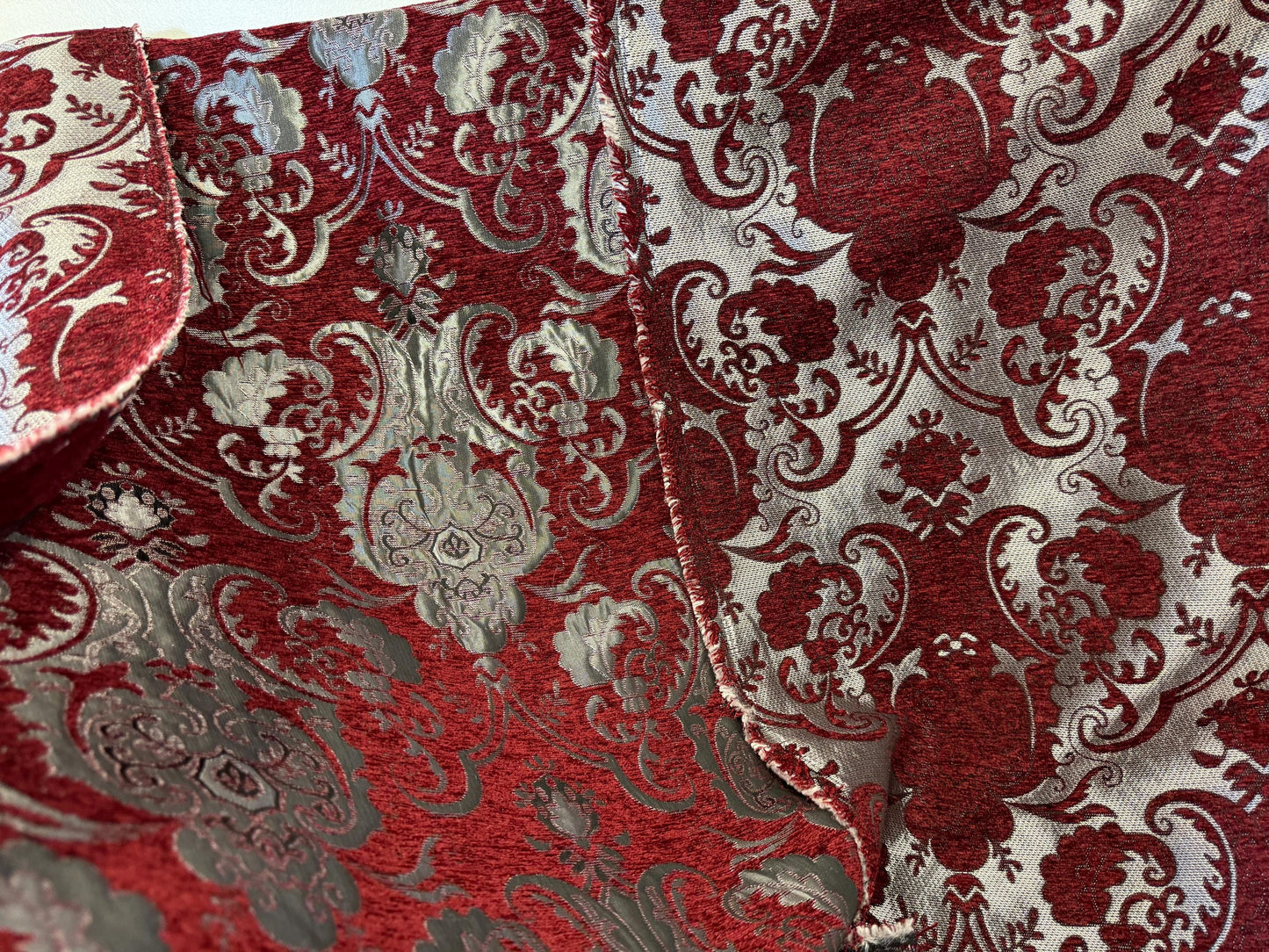 Chenille BAROQUE UPHOLSTERY Fabric Jacquard Damask, 58" wide ,color Red/Silver Reversible, sold by yard in continuous yards