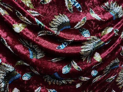 ad crushed velvet Burgandy war bonnets feathers print sold by yard ''58'' inches wide
