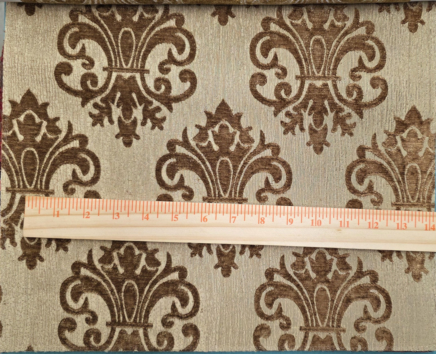 Chenille BAROQUE UPHOLSTERY Fabric Jacquard Damask, reversible, 54" wide ,color Light Brown, sold by yard in continuous yards
