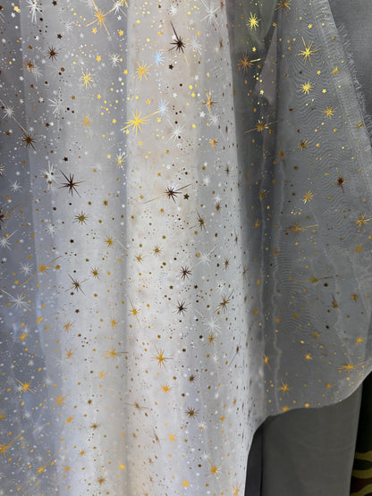 Star Bursts Sheer Organza white/Gold 58" Inch Wide Fabric by The Yard