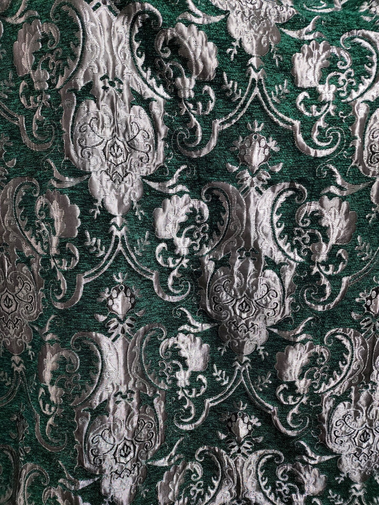 Chenille BAROQUE UPHOLSTERY Fabric Jacquard Damask, 58" wide ,color Green/silver, sold by yard in continuous yards