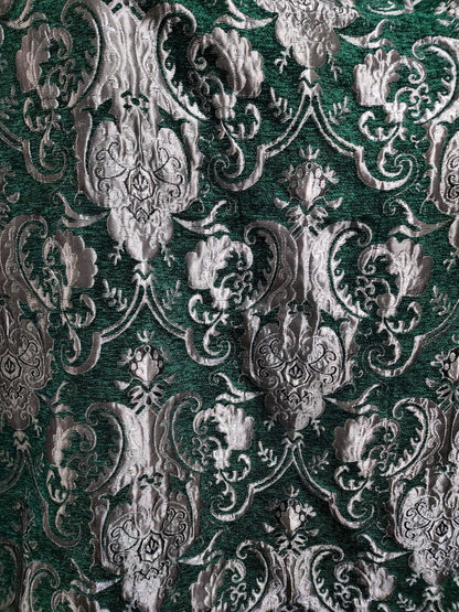 Chenille BAROQUE UPHOLSTERY Fabric Jacquard Damask, 58" wide ,color Green/silver, sold by yard in continuous yards