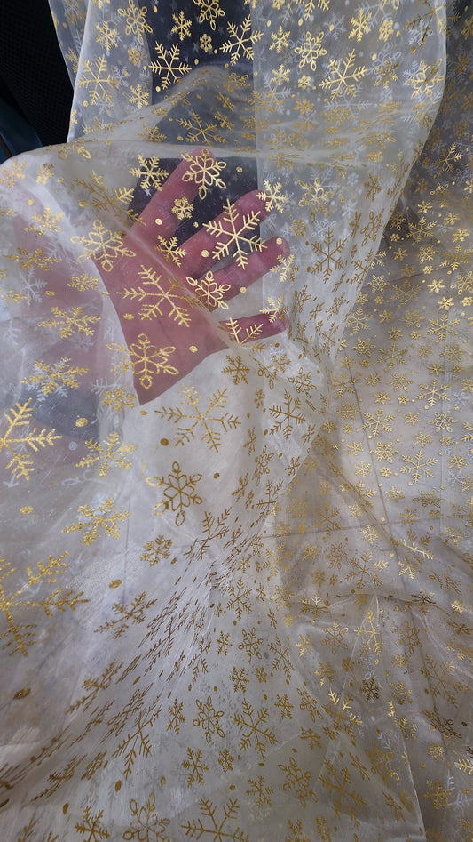 snowflakes Star Bursts Sheer Organza Gold 58" Inch Wide Fabric by The Yard