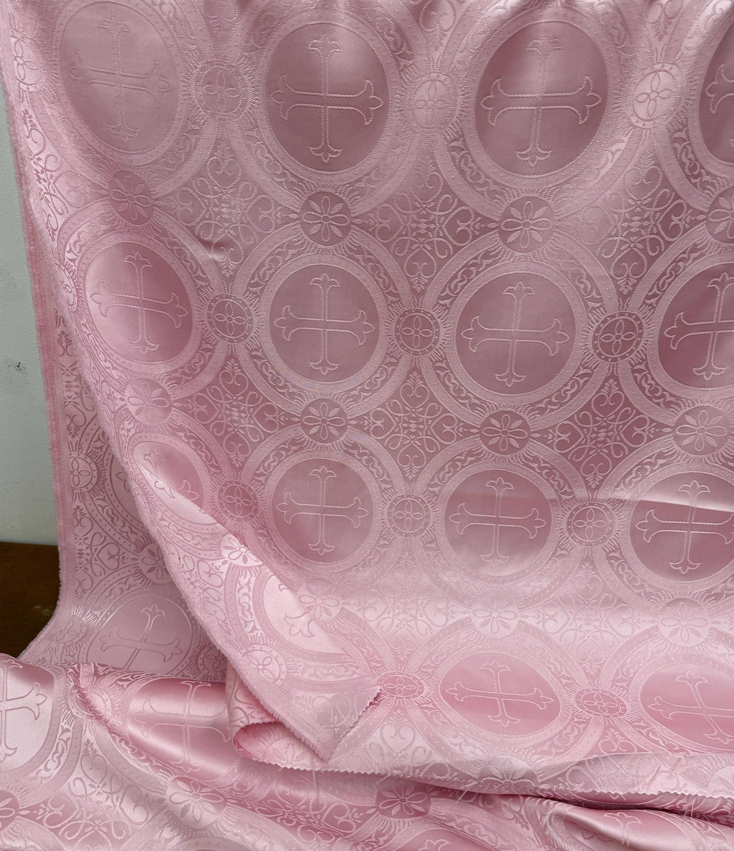 Liturgical Brocade,Church Gorgeous Cross Pink mate color Brocade Fabric , 54 wide, sold by yard