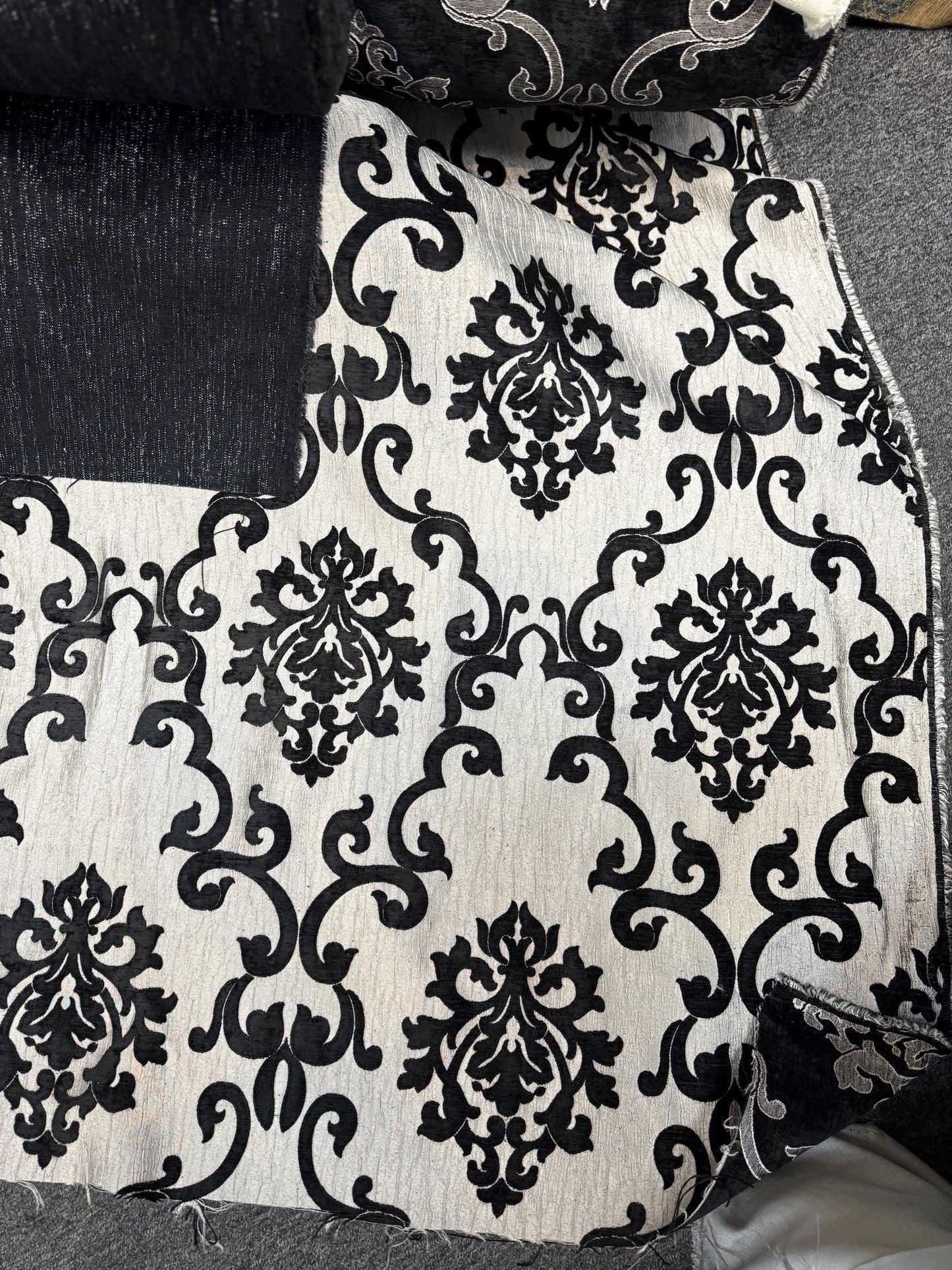 Chenille BAROQUE UPHOLSTERY Fabric Jacquard Damask, 58" wide ,color Black/silver sold by yard in continuous yards