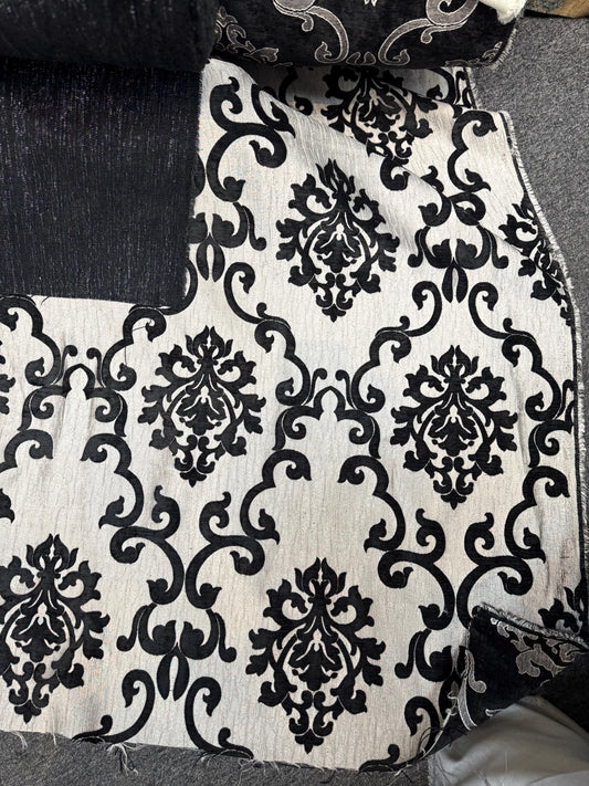 Chenille BAROQUE UPHOLSTERY Fabric Jacquard Damask, 58" wide ,color Black/silver sold by yard in continuous yards
