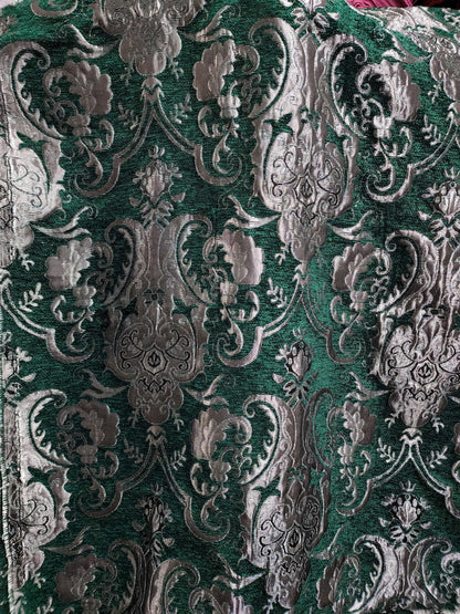Chenille BAROQUE UPHOLSTERY Fabric Jacquard Damask, 58" wide ,color Green/silver, sold by yard in continuous yards